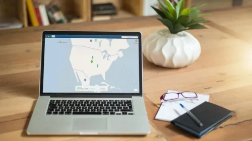 A laptop displaying VPN software sits on a wooden desk with a notepad and plant offering a secure workspace vibe.